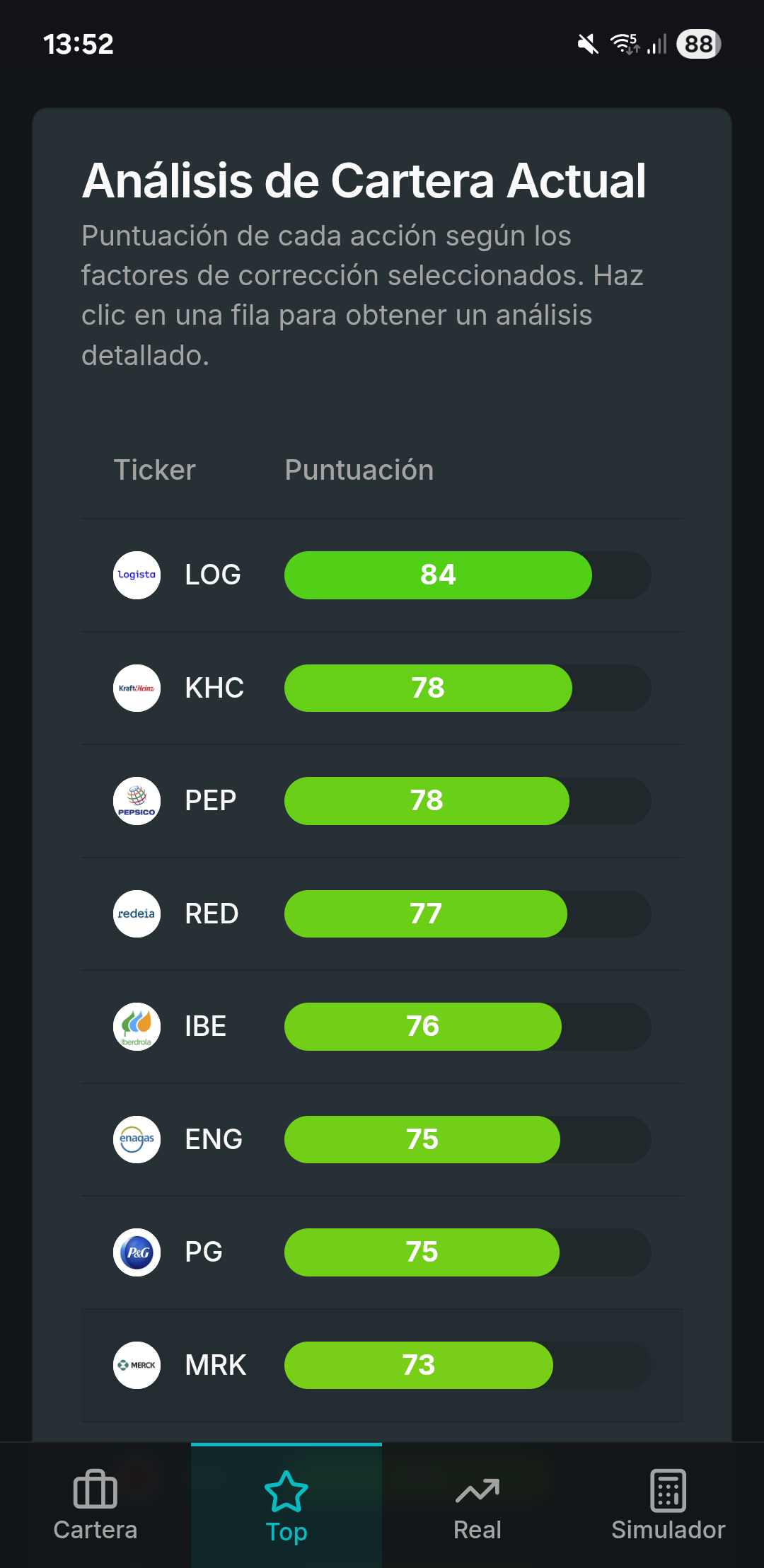 Captura de pantalla de la app móvil de Dividendly - Top Inversiones